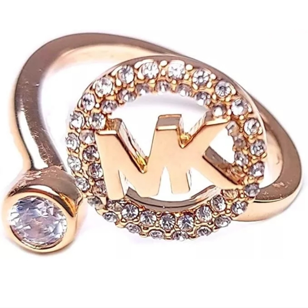 MICHAEL KORS MK Logo Yellow Gold Ring Crystals Pave MKJ7328710 Size 8 MK BOX